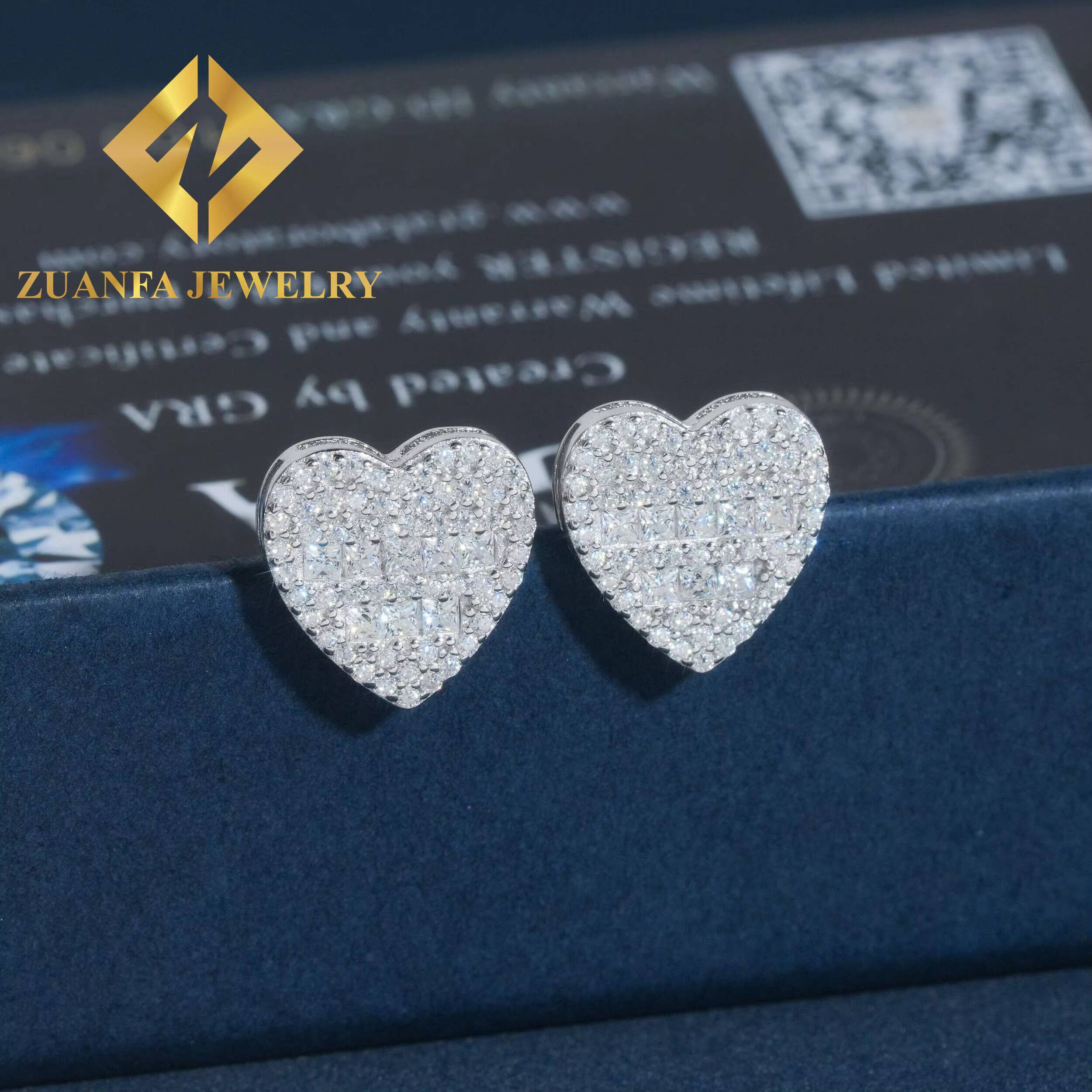 Wholesale Price Heart Shape Stud Earring Hip Hop 925 Sterling Silver baguette Moissanite Luxury Stud Earring