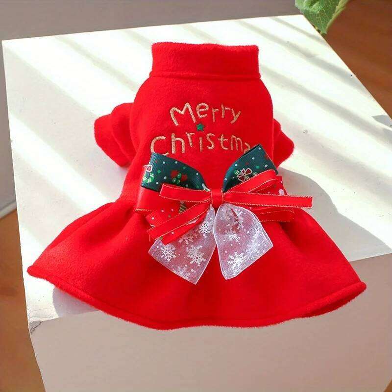 Pet Dog Merry Christmas Dress Gold Embroidery Red Green Checked Bow White Snowflake Transparent Yarn H260130