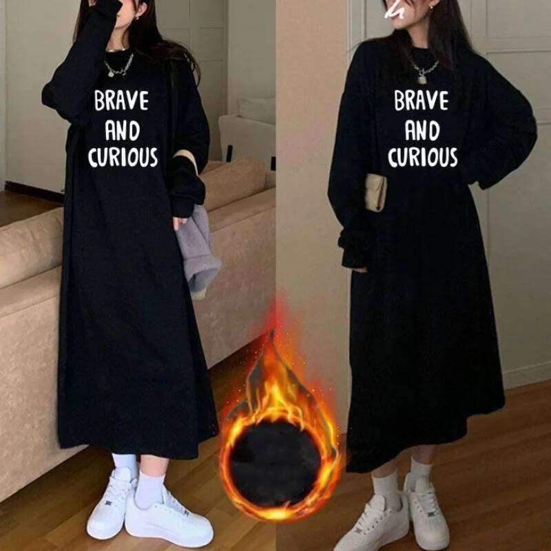 Korean Fashion Autumn Winter Long Knee Length Dress Women's Round Neck Printed Letters Patchwork Loose Fleece Thick Warm Dresses XJ260130