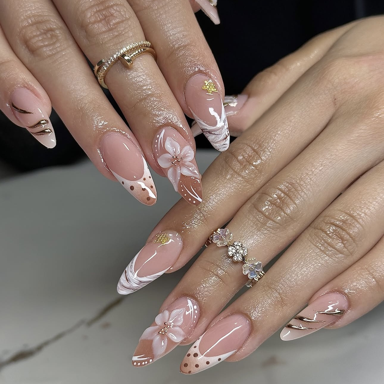 European and American Cross-Border Nails French Polka Dot Marble Pattern Handmade Gold-Plated 3D Carved Nail Art Finished Wearable