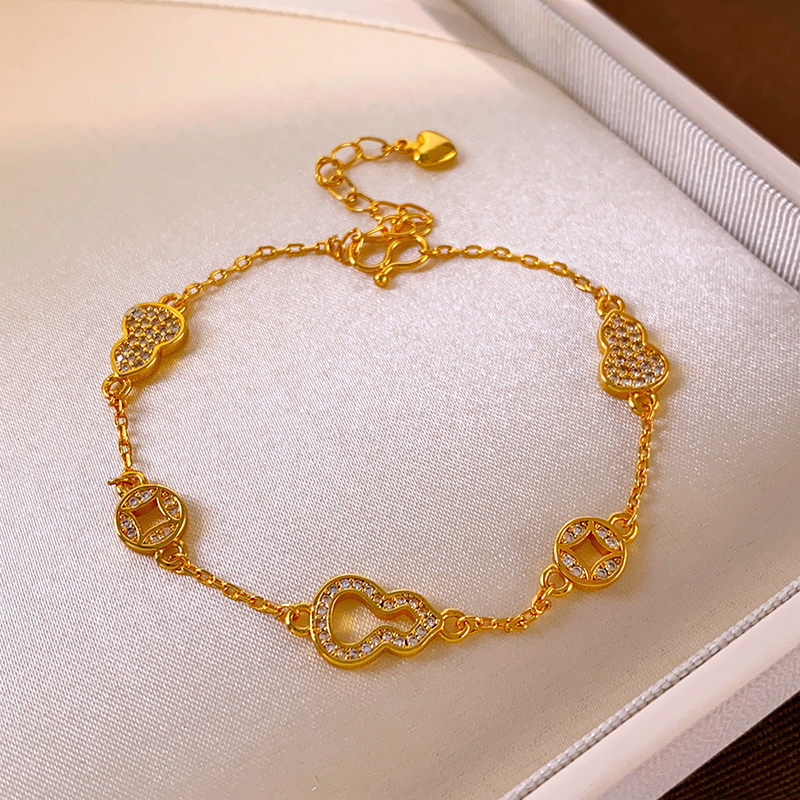 Real Gold Plated Zircon Gourd Copper Coin New Chinese Style National Temperament High-end Sense Bracelet Light Luxury Niche Hand Jewelry