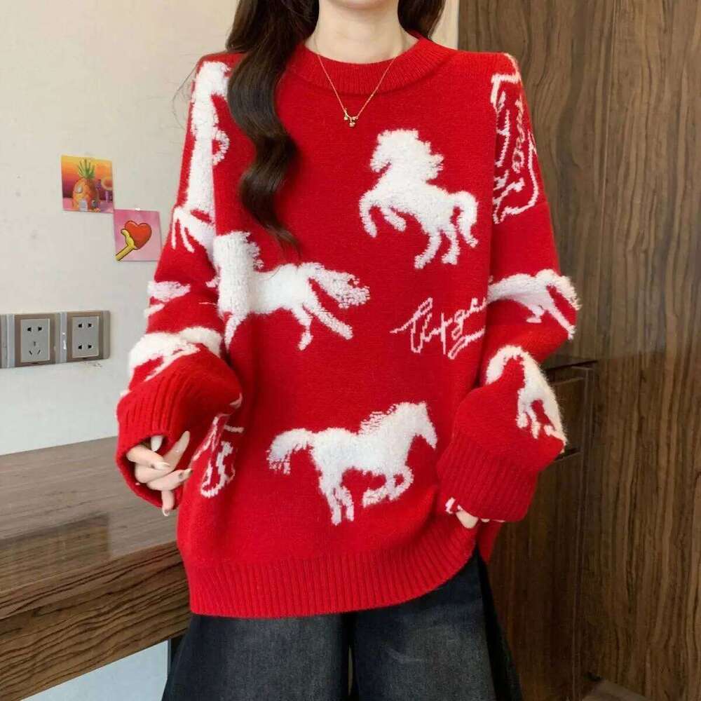 Couple red men s women birth year autumn and winter Chinese New Year Horse thickened knitted sweater jacket luanyun