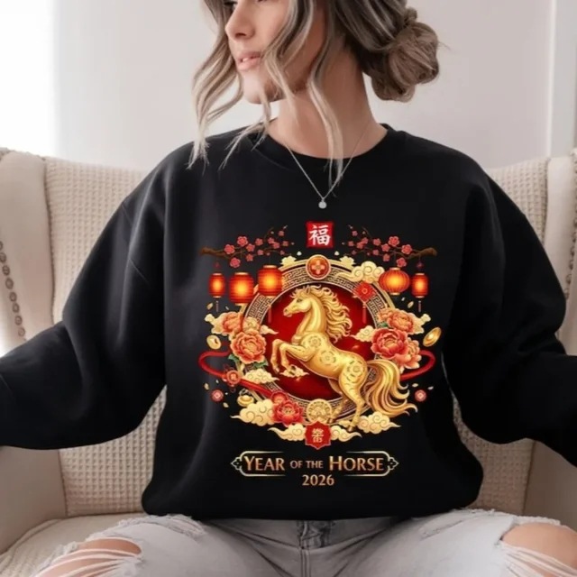 Printed Causal Hoodies Horse Print Unisex Sweatshirt Chinese New Year 2026 Lunar Year Warm Casual Pullover