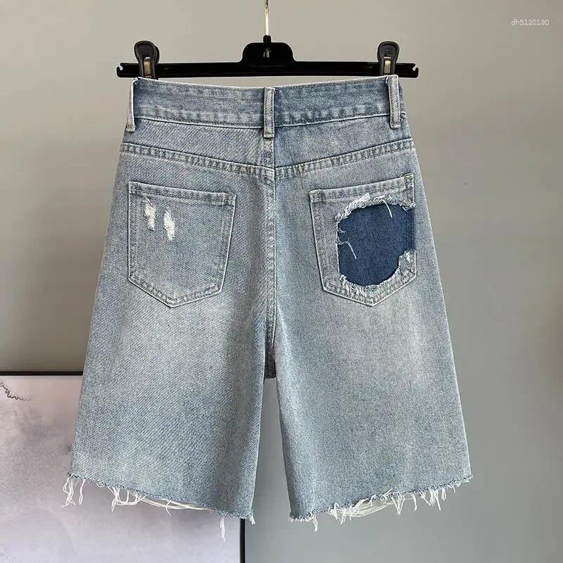 Women's Jeans Colorful Diamond-inlaid Ripped Denim Cropped Trousers Summer High-waist Loose Breeches For Women