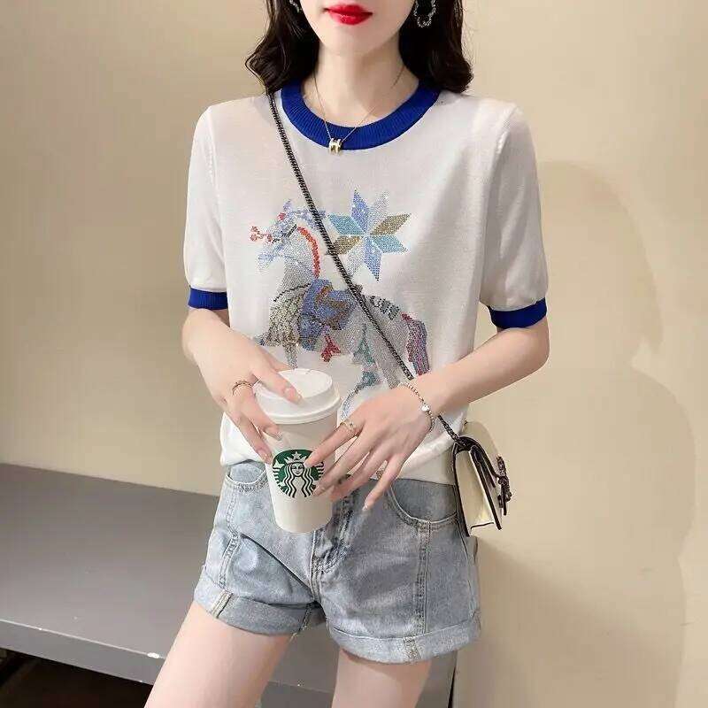 Women's Clothing Hong Kong Style Hot Fix Horse T-Shirt Summer Knit Short Sleeve Casual Tees Lady Designer Fashion Versatile O-Neck Pullover Tops