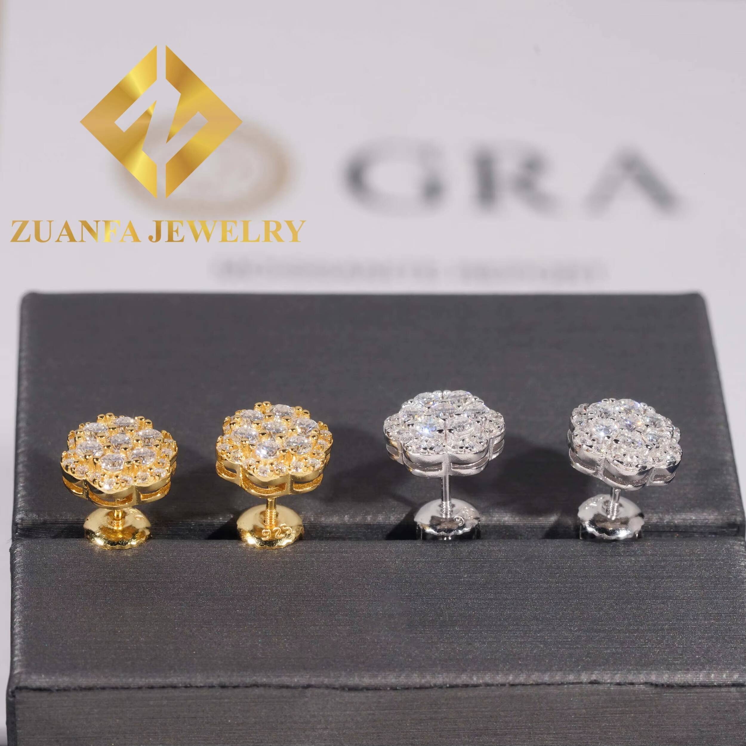 USA Warehouse Stock Drop Shipping Hot Selling Sun Flower Design Stud Earring 925 Sterling Silver VVS Moissanite Iced Out Style