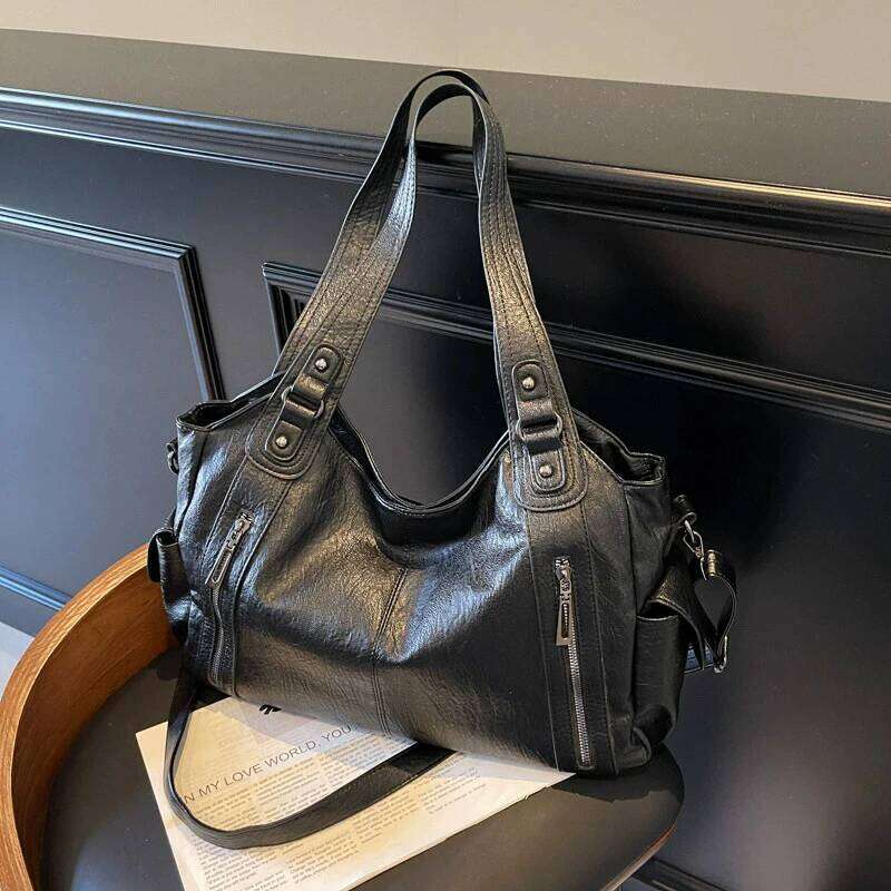 New Solid Zipper Dual Main Pockets High Capacity Handbag For Women Sewing Thread PU Fashion Ladies Shoulder Bag Z260130