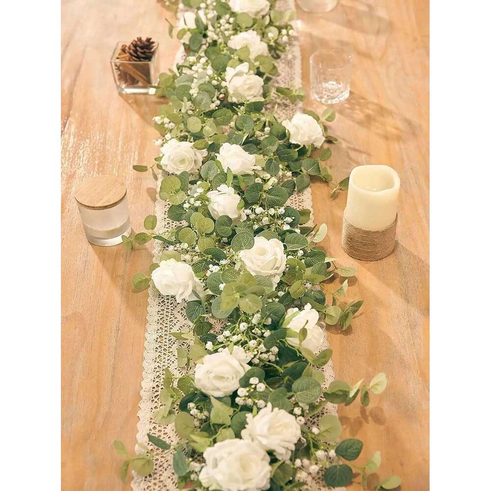 1pc 5.9FT Artificial Eucalyptus Vine Fake Rose Flowers Gypsophila Garland For Wedding Home Party Craft Art Table Runner Decor W260130