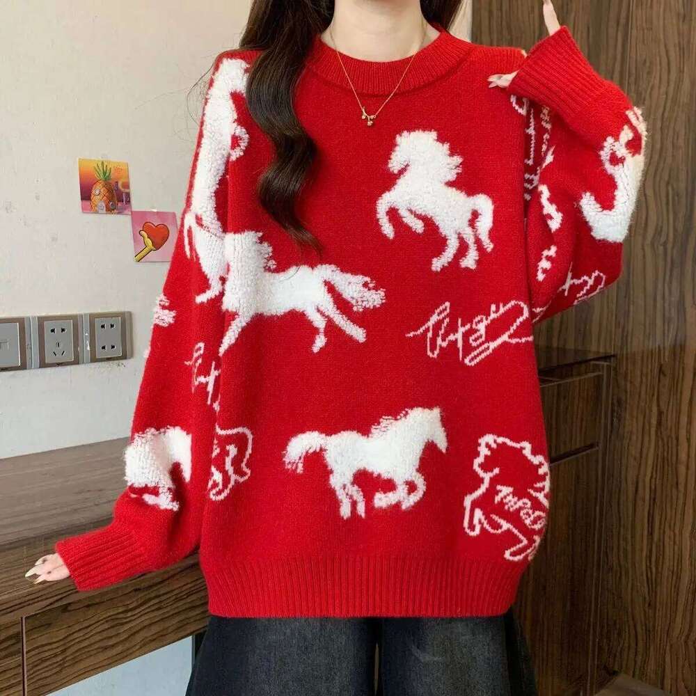 Couple red men s women birth year autumn and winter Chinese New Year Horse thickened knitted sweater jacket luanyun