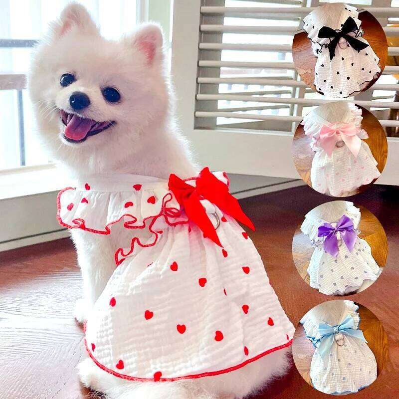 Luxury Clothes Heart Print Bow Chihuahua Sweet Skirts Puppy for Girl Dog Cat Princess Dress Pet Costume Bichon H260129