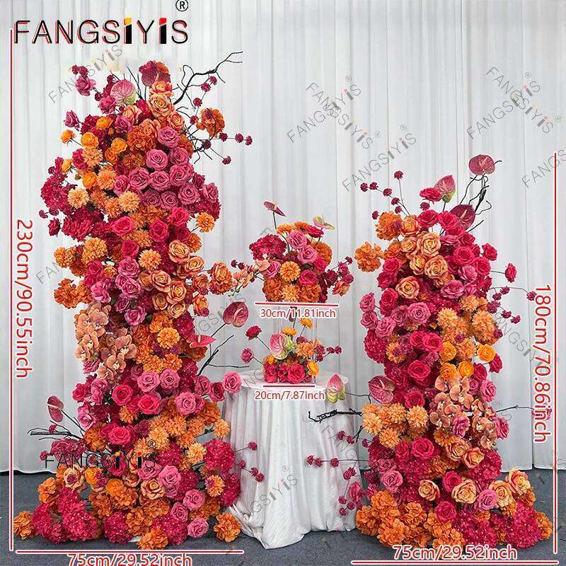 Wedding Backdrop Arch Flower Runner,orange-red,Hydrangea,Rose,KT Board Decor Floral Row Arrangement,Event Party Props Display W260130