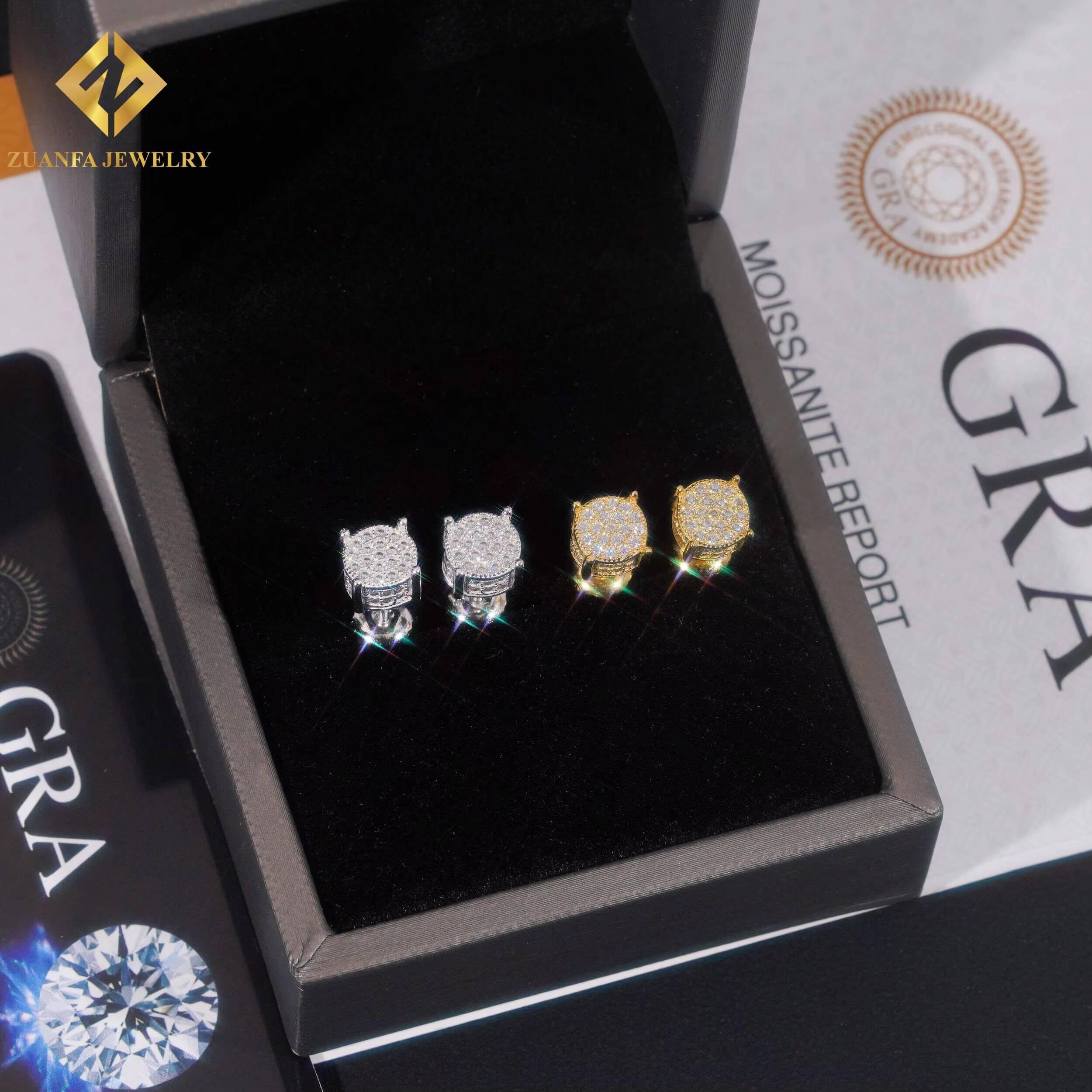 New Design Ready Stock Ear Studs Jewelry 925 Sterling Silver VVS Moissanite 66mm Hip Hop Gold Plated Earring Jewelry Unisex