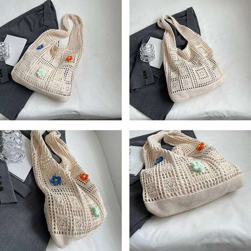 Flower Knitted Handbags Female Large Capacity Totes Women's Pack Summer Beach Bag Purses Hollow Woven Shoulder Bags Z260130