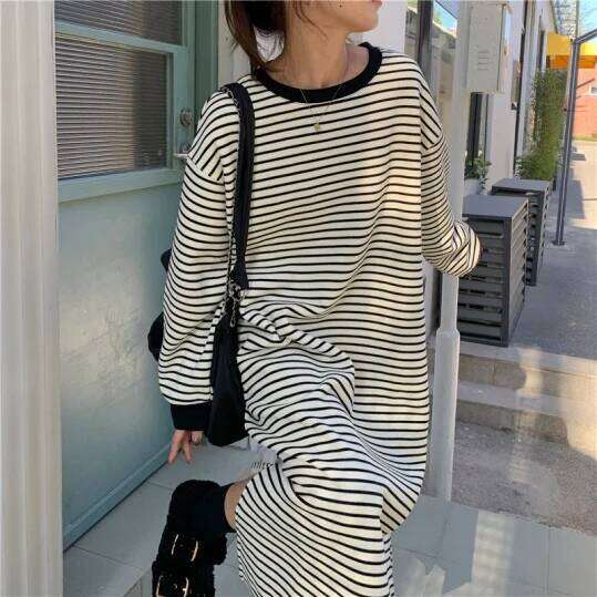 Women's round Neck Long Sleeve Autumn Striped Midi-Length Knee-Covering Loose Casual Trendy One-Piece Dress XJ260130