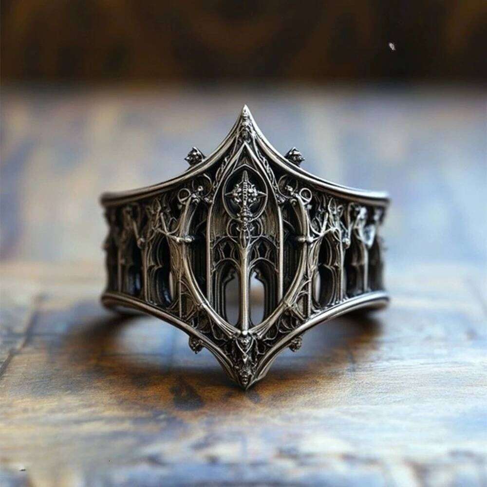 Retro Personality Ancient Silver color Hollowed-out Relief Crown Castle Rings for Women Men Halloween Fashion Gothic Jewelry XJ260130