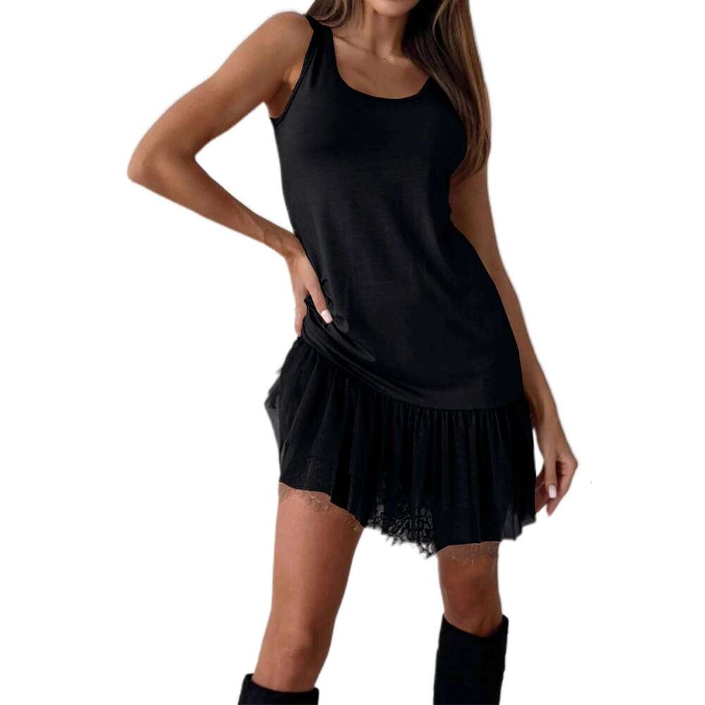 Women Casual Sleeveless Lady Solid Color Lace Hem Design Splicing Daily Outdoor Holiday Party Comfortable Dress XJ260130