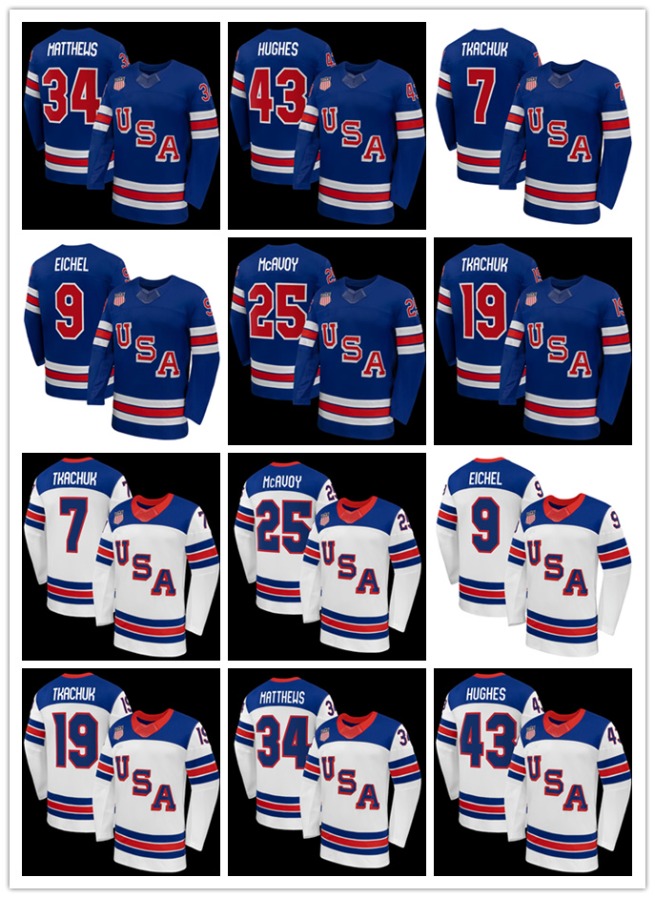 Mens USA Hockey Auston Matthews Jack Eichel Matthew Tkachuk Adam Fox Charlie McAvoy Quinn Hughes Dylan Larkin Dylan Larkin 2026 Olympices hockey jersey