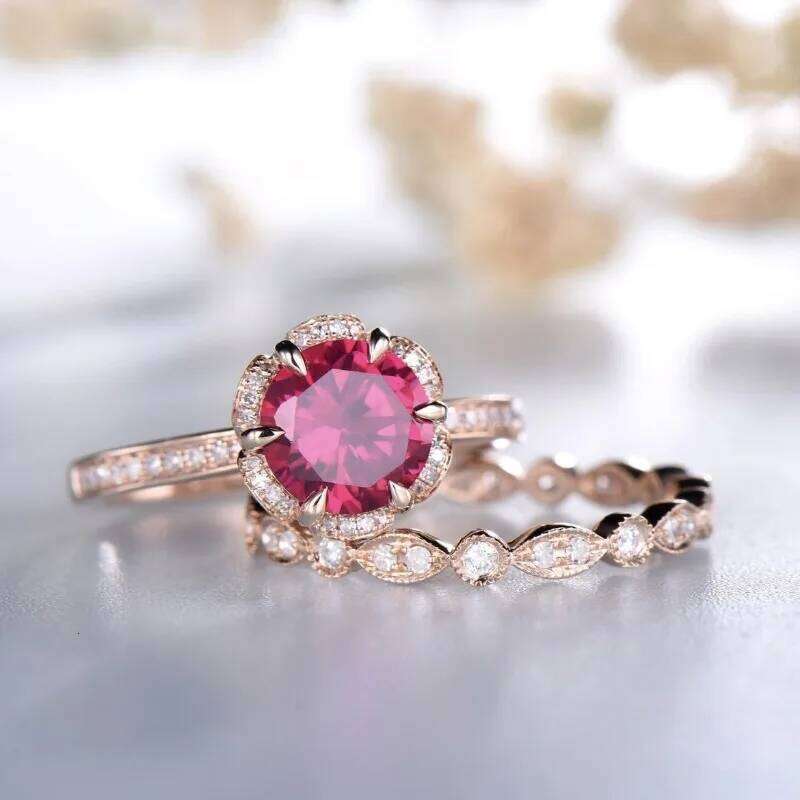 Luxury and round red cubic zirconia chic engagement wedding double ring fashionable women's jewelry XJ260130