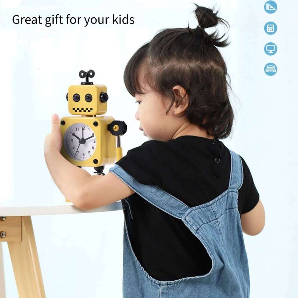 Robot Alarm Clock, Non-Ticking Wake-up Clock with Flashing Eye Lights and Rotating Arm, Gift Kids, Funny Decoration for Desk W260130