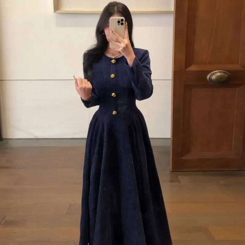 High-end Round Neck Dress for Women Autumn Temperament Waisted Casual Solid Color Buttons Pleated Inner Long Skirt XJ260130