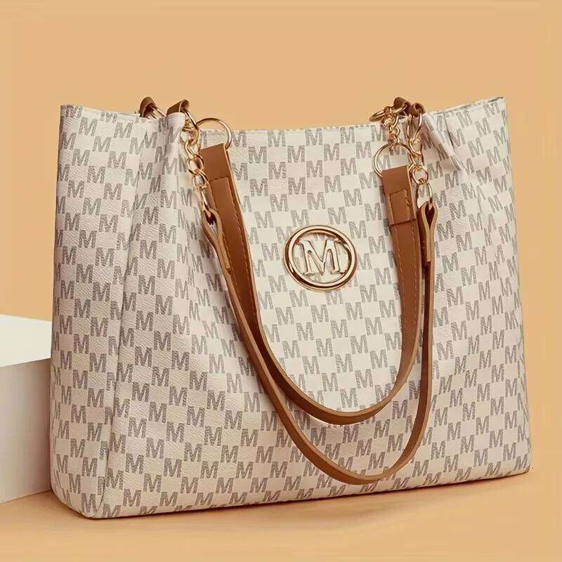 Vintage Geometric Tote Synthetic Leather Letter "M" Design for Women Handbag Shoulder Large Capacity Shopping Travel Bag Z260130