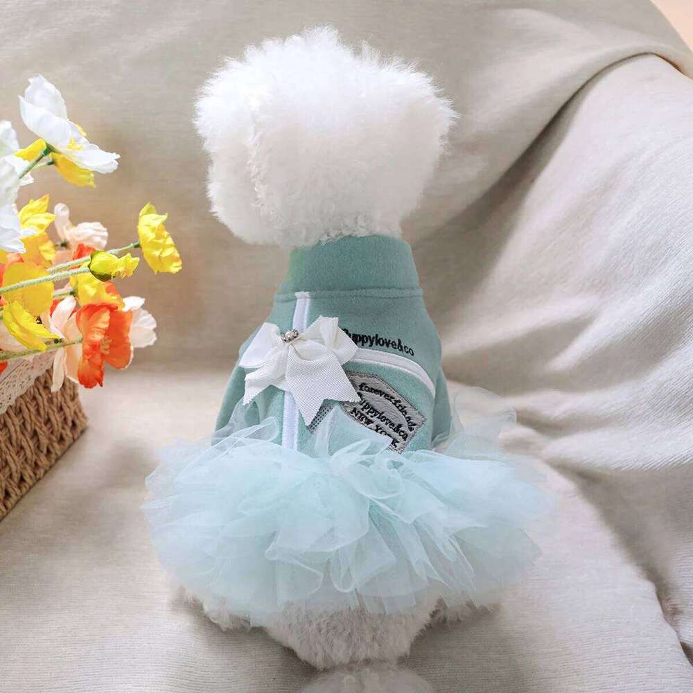 1PC Pet Clothes Dog Cat Autumn Thickened Warm Lake Blue Bow Open Mesh Dress H260130