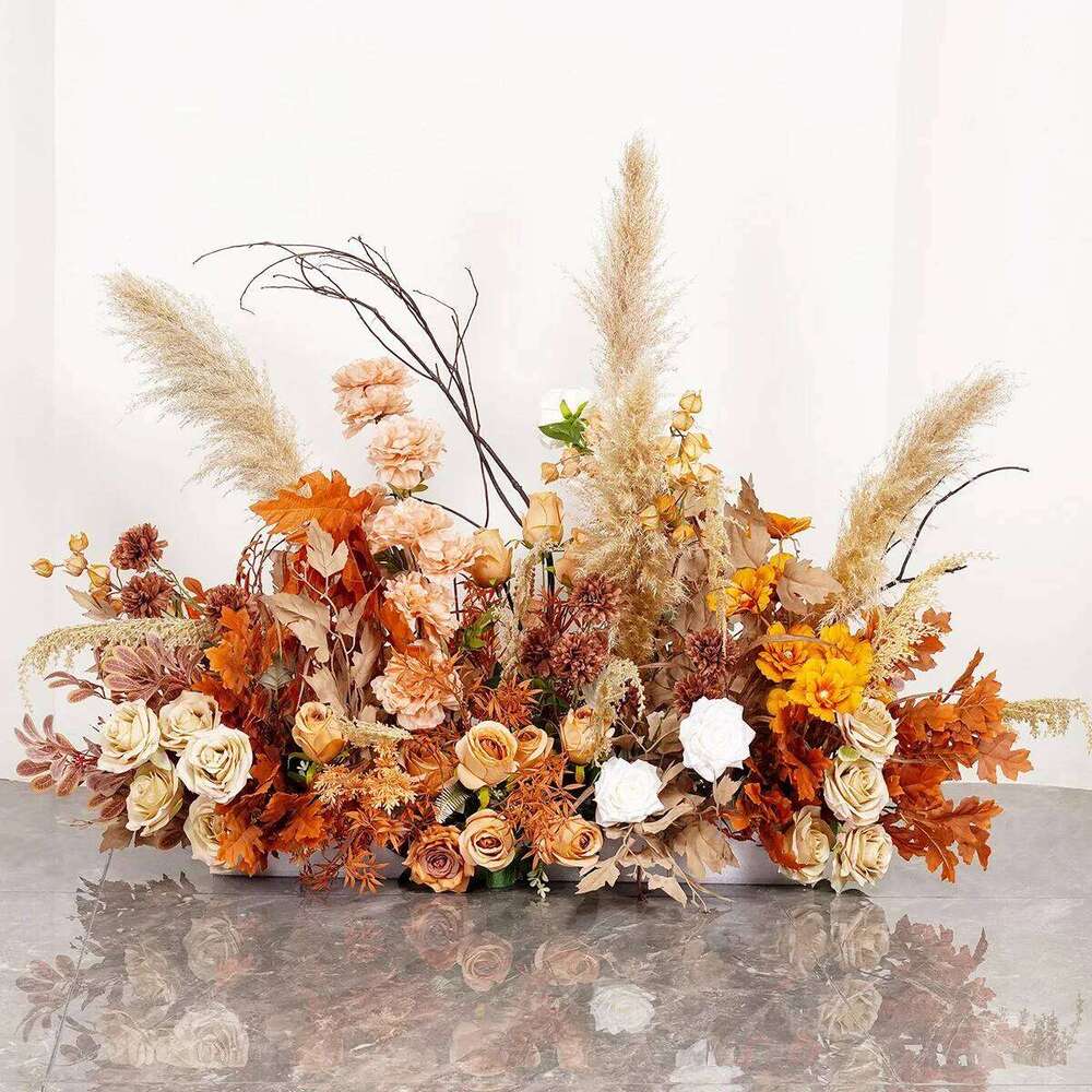 Brown Leaves Natural Dried Pampa Wedding Floor Floral Arrangement Arch Decor Hanging Flower Row Centerpieces Ball Window Display W260130