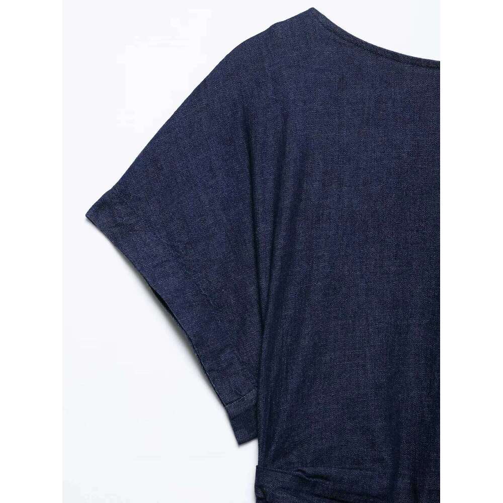 ETJ 2025 summer new women's elegant fashion pleats decorated short sleeve wide round neck slit hem denim dress XJ260130