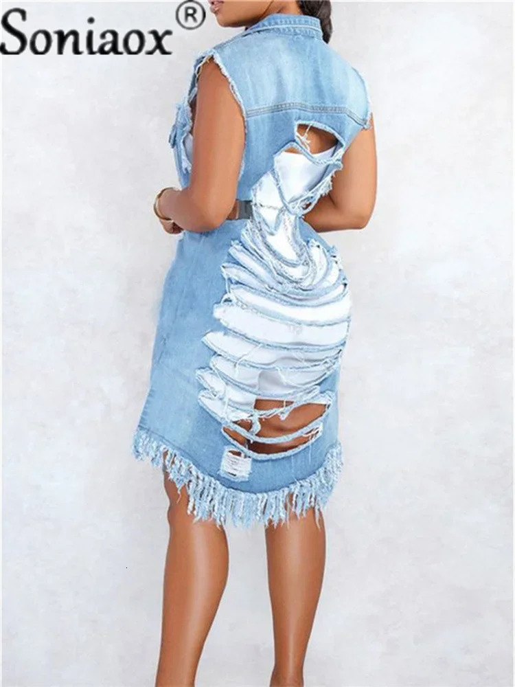 2024 Womens Hole Patch Denim Jackets Ladies Fashion Sleeveless Ripped Distressed Long Jacket Coat Outwear Women Clothing 260120