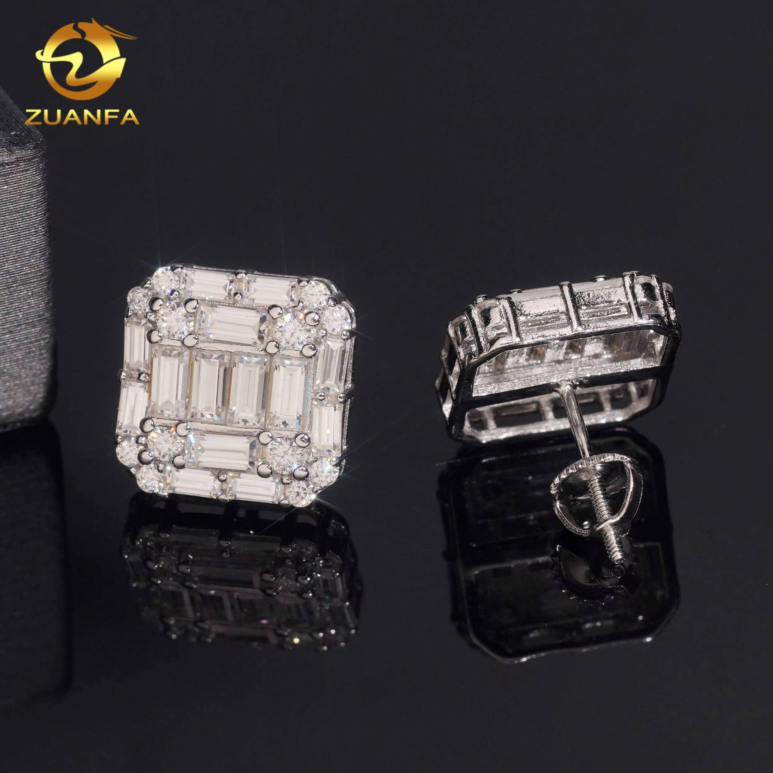 Pass Diamond Tester Ready to Ship Men Moissanite Earrings Screw Back 925 Silver Hip Hop Earrings Emerald Cut Rapper Jewelry