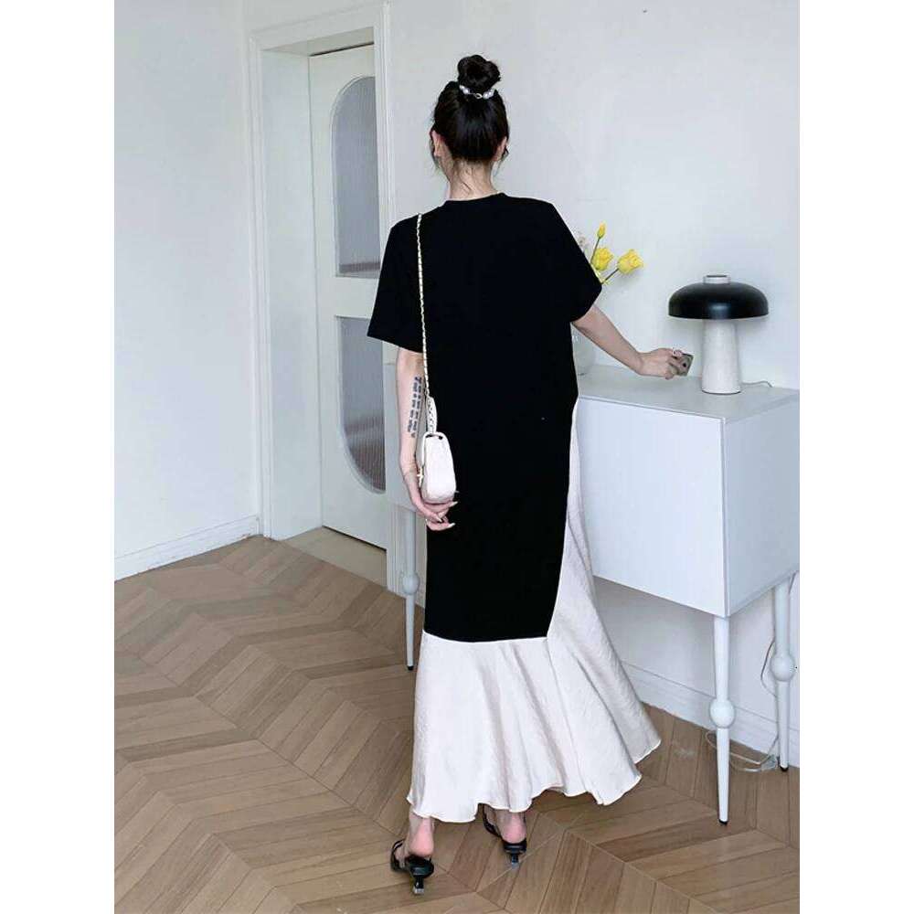 NYFS 2025 Summer New Korea Woman Vestidos Robe Elbise Loose Plus Size Short Sleeve Patchwork Acetate Satin Hem Long Dress XJ260130