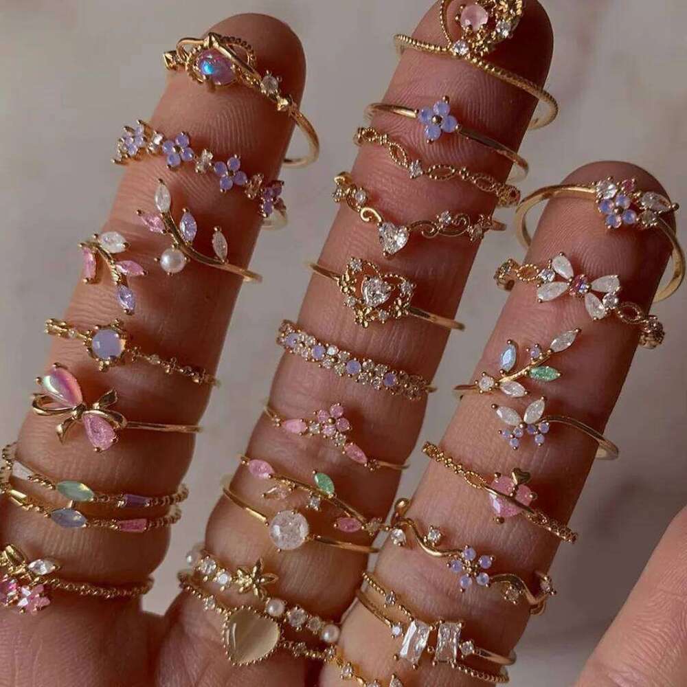 New ins Cute Colorful Flower Ring For Women Girl Fashion Vintage Zircon Adjustable Rings Jewelry Gift XJ260130