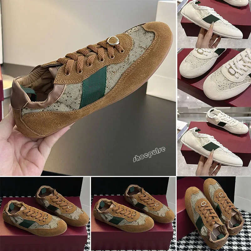 Luxury Shift Crystal Sneaker Womens Retro Dark Brown Suede Cowhide Grid Pattern Casual Comfortable Lightweight Ballet Shoes TPU Outsole