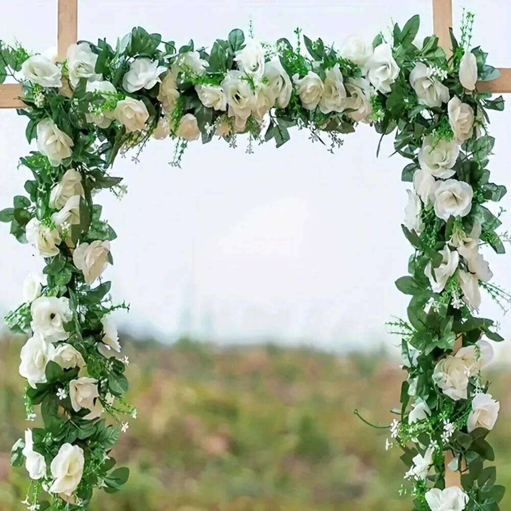 2.2M Artificial Rose Vine with 10 Blooms White pink Faux Floral Hanging Decor for Wedding Indoor Durable Plastic Plant W260130