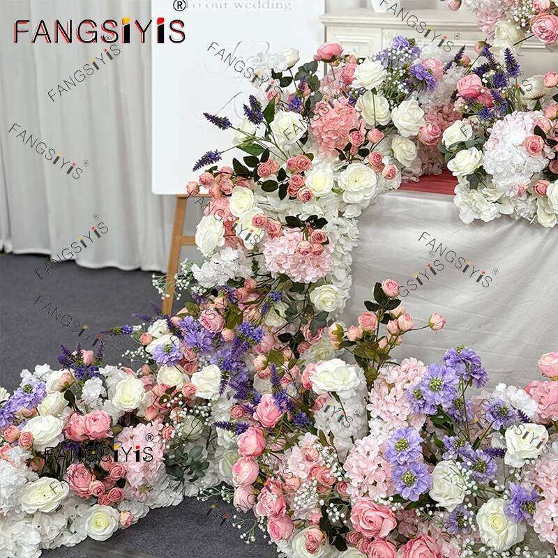 Purple Pink Rose hydrangea Row Table Wedding Road Lead Silk Ball stage Decor Event Layout Simulation Flower W260130