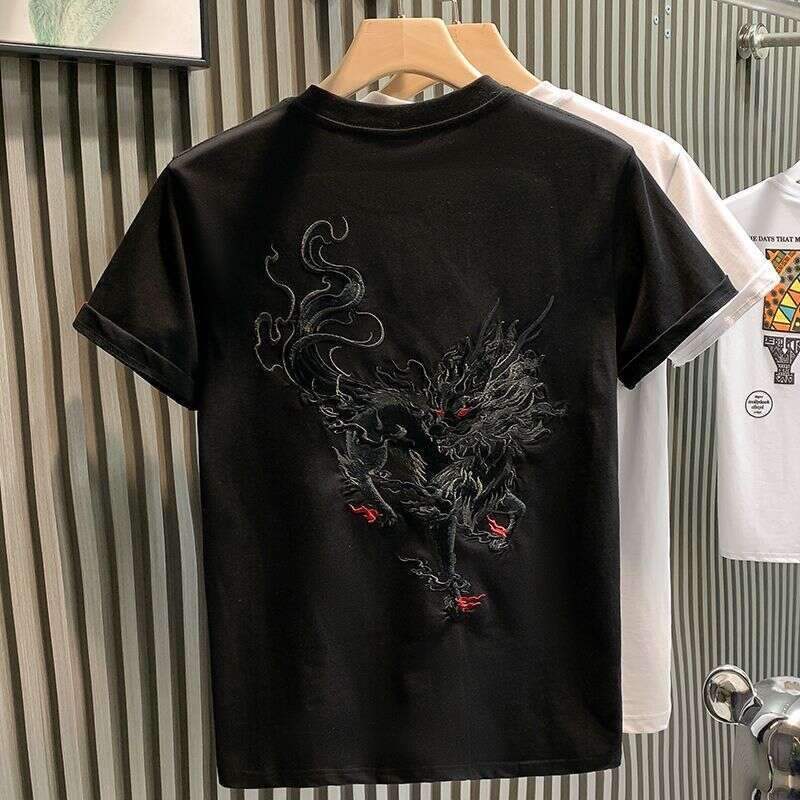 Heavy Industry Kirin Embroidery T-Shirt Large Size Half Loose Short Sleeve National Trend Chinese Style Men's Clothing Luanyun - view 4