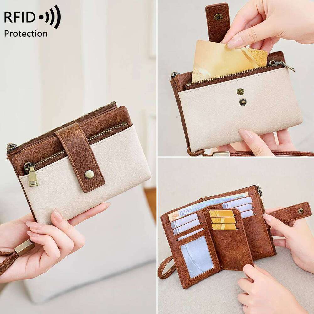 Vintage RFID Blocking for Women with Double Zipper Multiple Card Slots Coin Pocket Portable Three-Fold Short Wallet Z260130