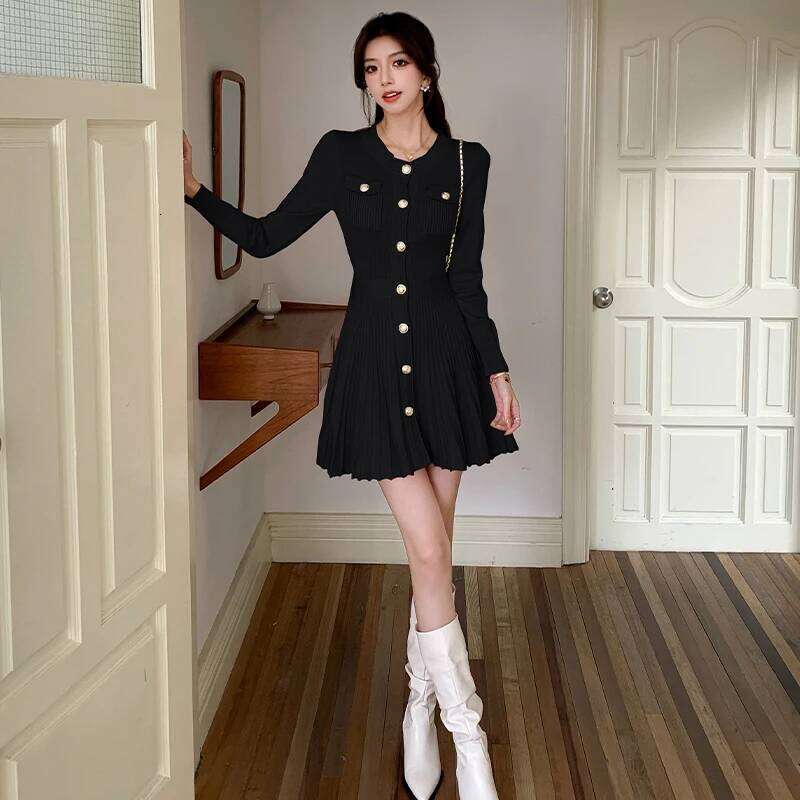 Spring Korean Fashion High-street Knit Mini Women's O-Neck Long-sleeve Single-breasted Pleated Casual Sweater Dress XJ260130
