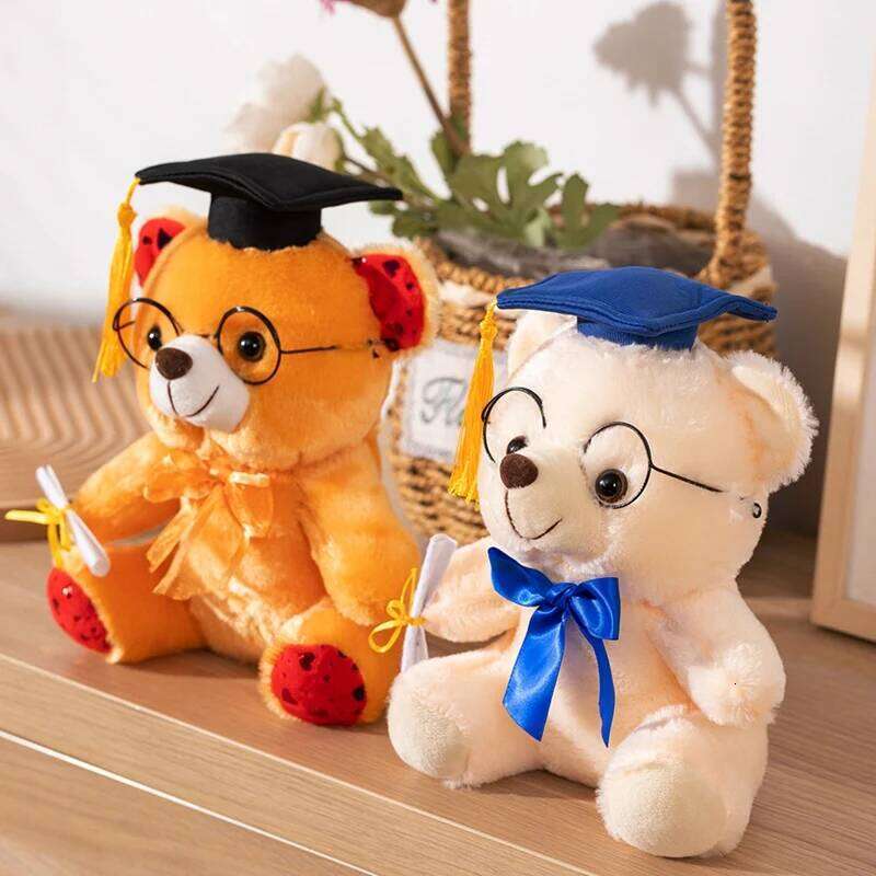 25cm Graduation Bear Plush Toy-Doctor Teddy with Cap&Diploma 3 Color Cute Stuffed Animal Gift for Students White/Yellow/Pink Y260128