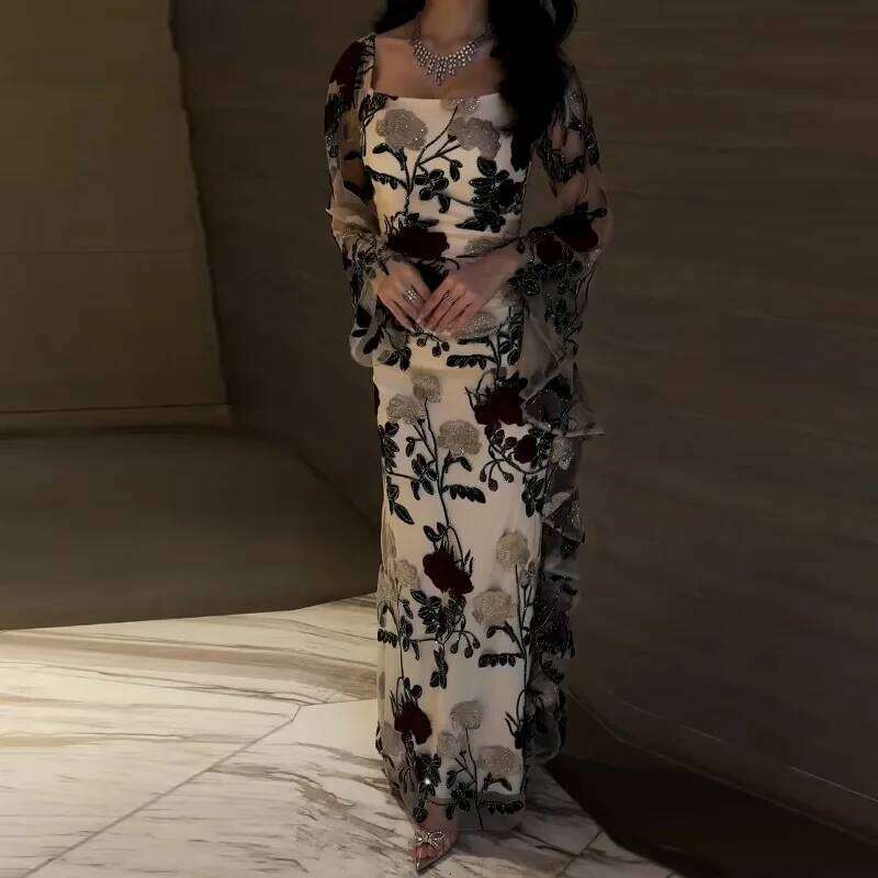 Vintage Floral Print High Waist Banquet Autumn New Long Sleeved Pleated Women's Casual Patchwork Slim Fit Maxi Dress XJ260130