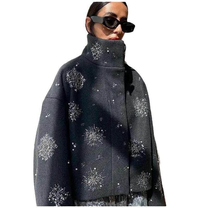 European and American Cross-Border Autumn Winter Women's Jacket, Unique Street Style Loose Single-Breasted Stand Collar Sequin Jacket