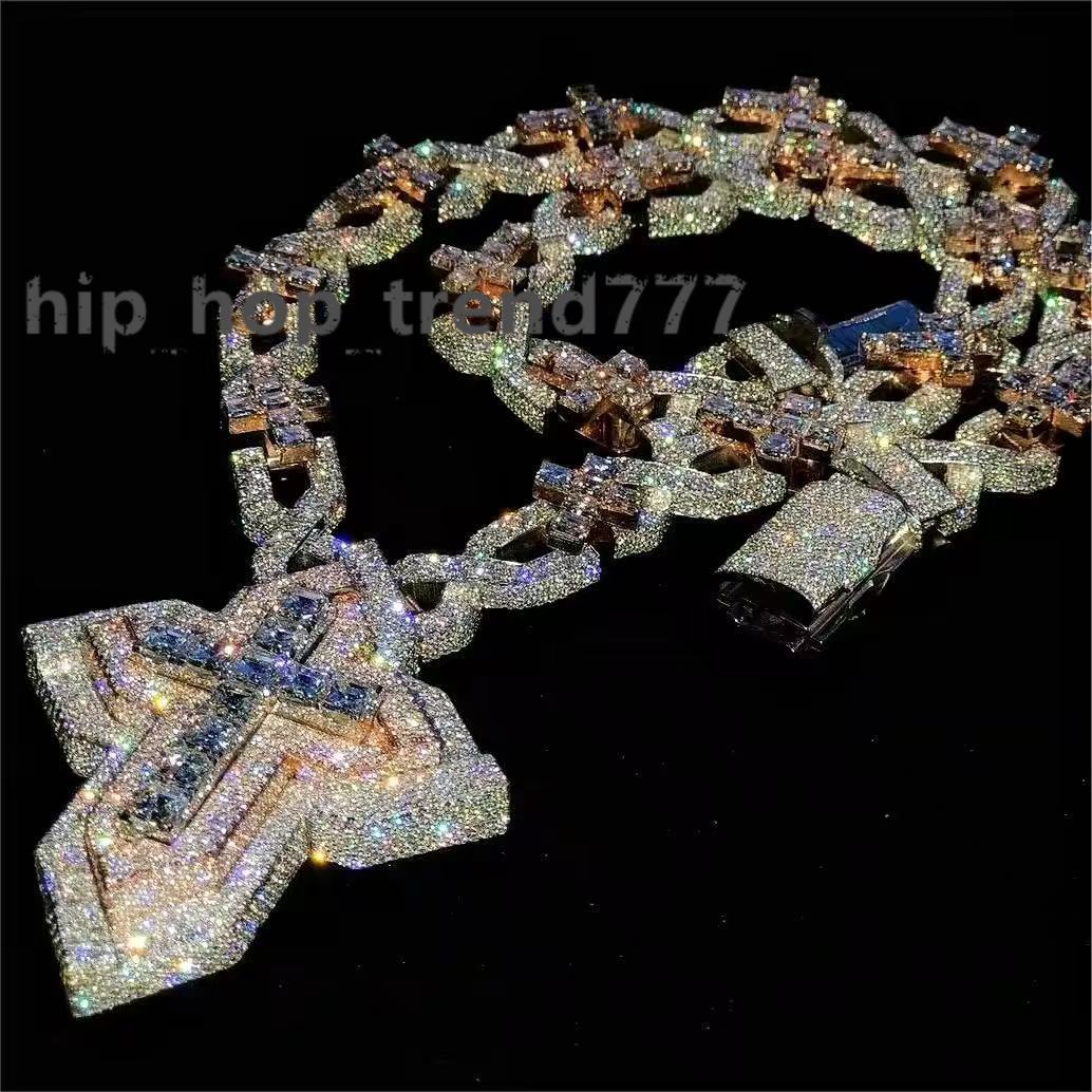 Lifeng Jewelry Bust Down VVS Moissanite Two Tone Cross Pendant Hiphop Sterling Silver Diamond Charm Necklace Jewelry Set