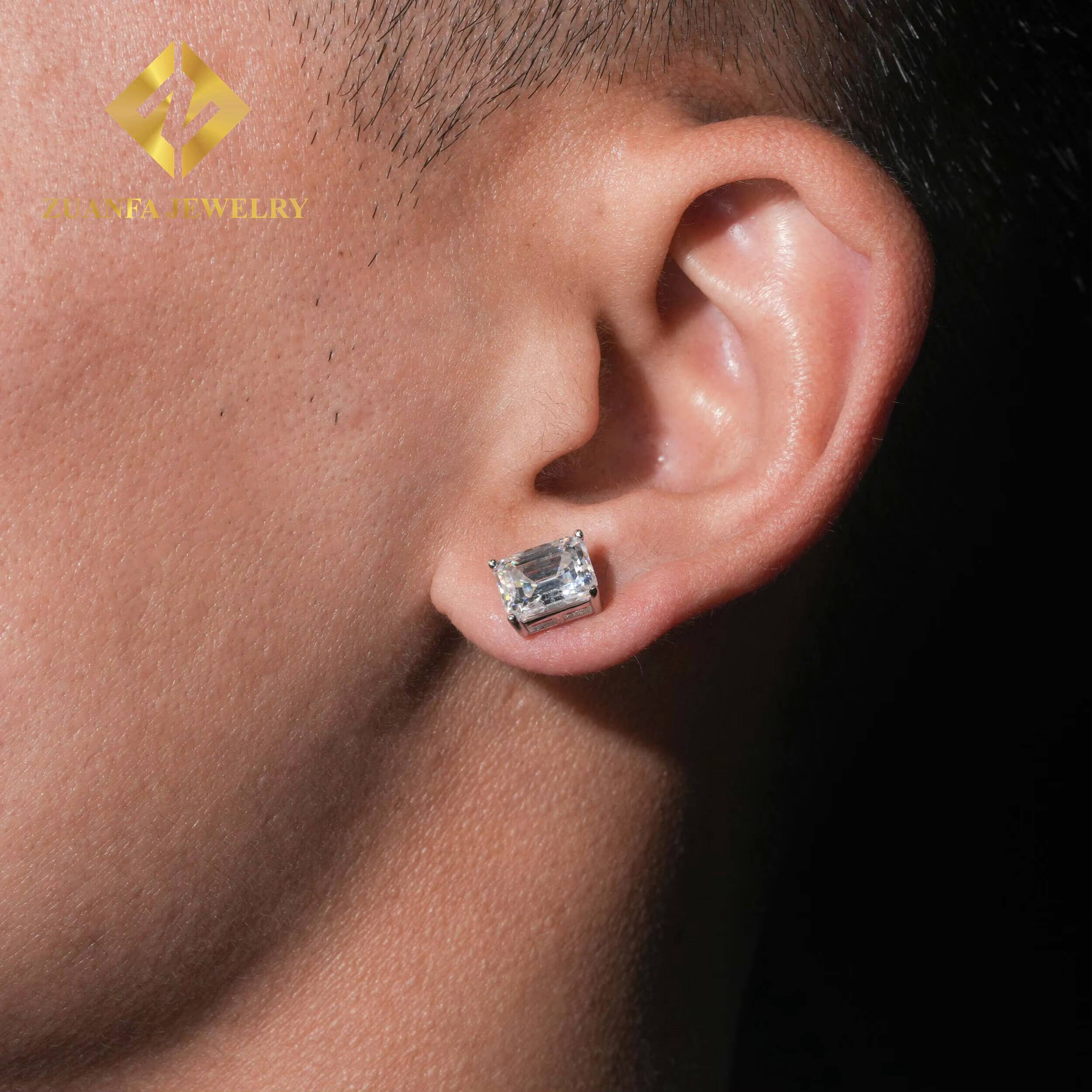 Men Women Fashionable Ear Studs 925 Sterling Silver White Gold VVS 2CT 4CT 6CT 8CT 10CT Emerald Cut Moissanite Stud Earrings