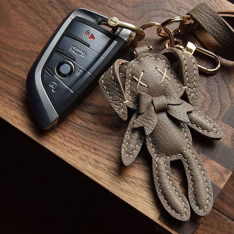 Handmade Genuine Leather Cute Puppy Keychain Pendant Car Key Ring For Women Bag Charm DIY Accessories Couple Lover Gift