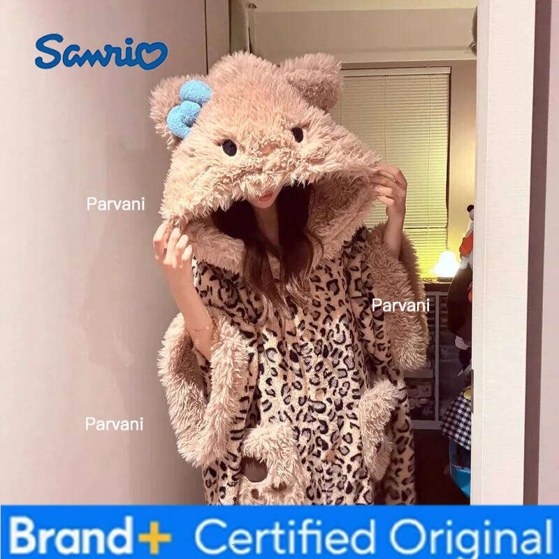 Sanrio Cartoon Hello Kitty hooded coral velvet nightgown Kawaii thickened warm and comfortable cloak home clothes holiday gift H260130
