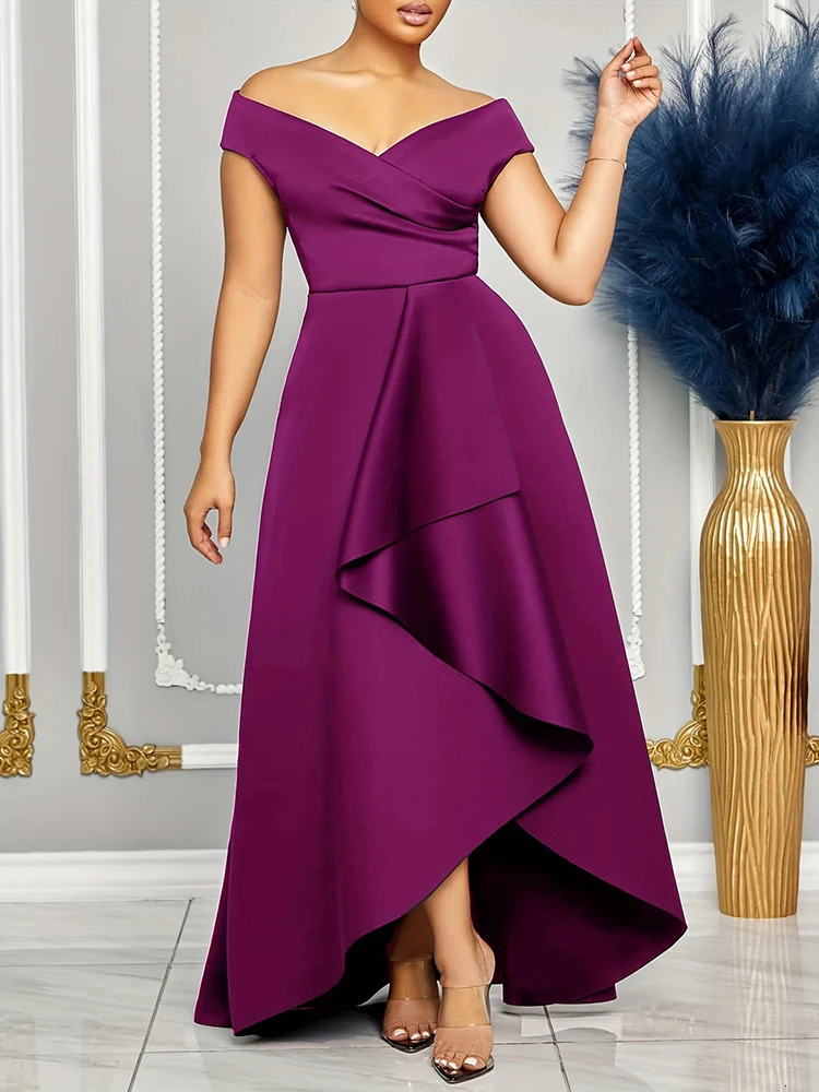 Off Shoulder Evening Dress Women Solid Maxi Long Dresses With Sleeves Wedding Bridesmaid Elegant Party Woman 260127