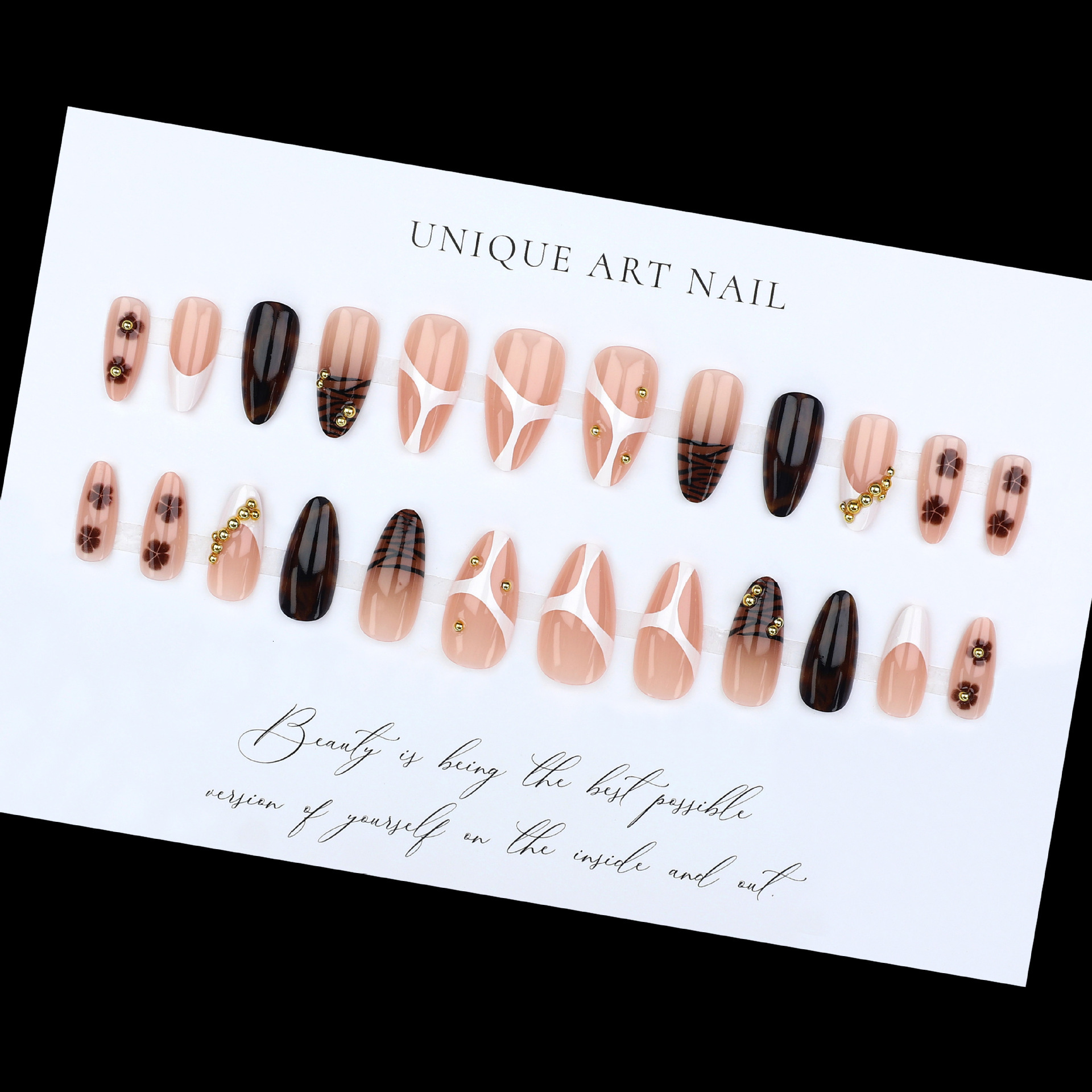 Autumn Winter Foreign Trade Water Drop Wearable Nails French Leopard Print Gold Beads Small Flowers Brightening Fake Nail Tips Detachable 24 Pieces