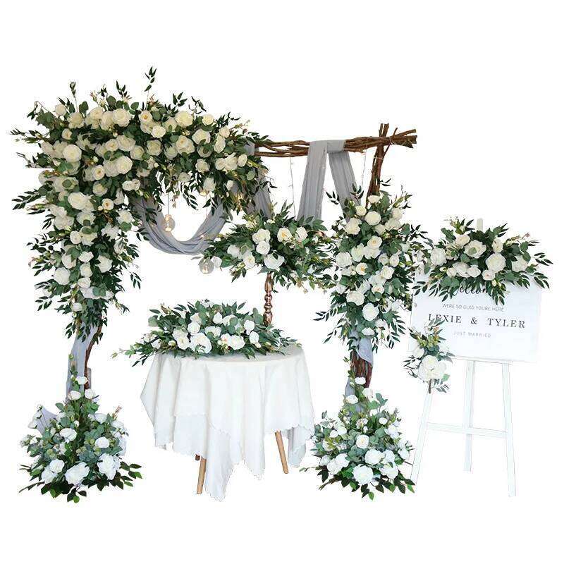 white Rose Green Leaf Artificial Row Wedding Backdrop Wall Deco Hanging Corner Flower Party Centerpiece Table Floral deco W260130