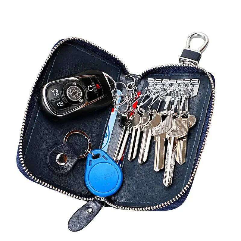 Cowhide Car Key Bag with Waist Hanging Keychain Men and Women Card Holder Smart Housekeeper Keys Portable Storage Zipper Pouch Z260130