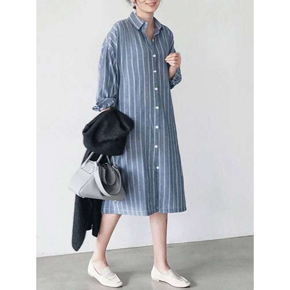 Autumn ZANZEA Elegant Shirt Dress Women Lapel Neck Long Sleeve Stripe Sundress Work Vestidos Robe Femme Holiday Kaftan XJ260130